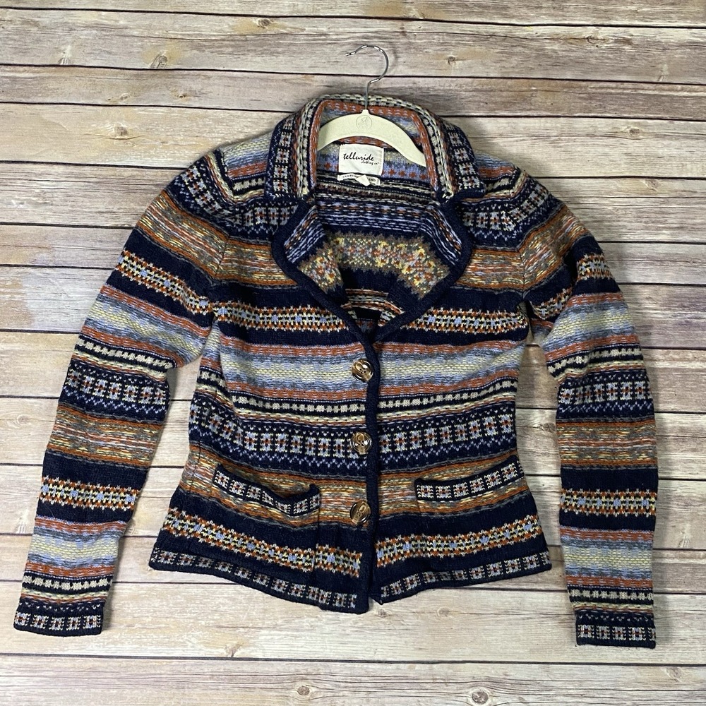 Telluride Clothing Nordic LambsWool Blend Cardigan Sweater Sz Large Collar